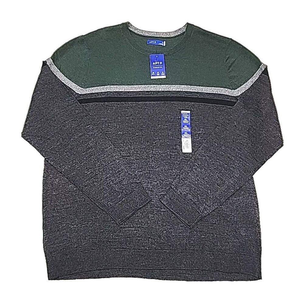 APT 9 Sweater Merino Wool Blend Modern Luxe Men Sz XL Green Gray Stripe Crew NEW